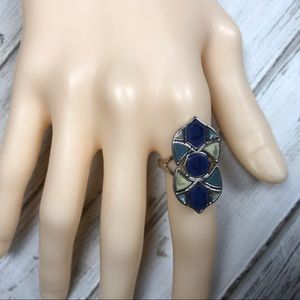 Blue and silver geometric tribal statement ring